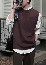 Simple Coffee O Neck Solid Knit Men Waistcoat Sleeveless