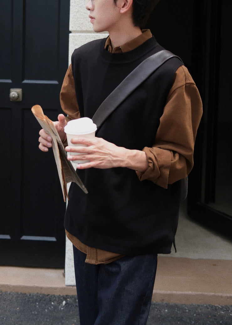Simple Coffee O Neck Solid Knit Men Waistcoat Sleeveless