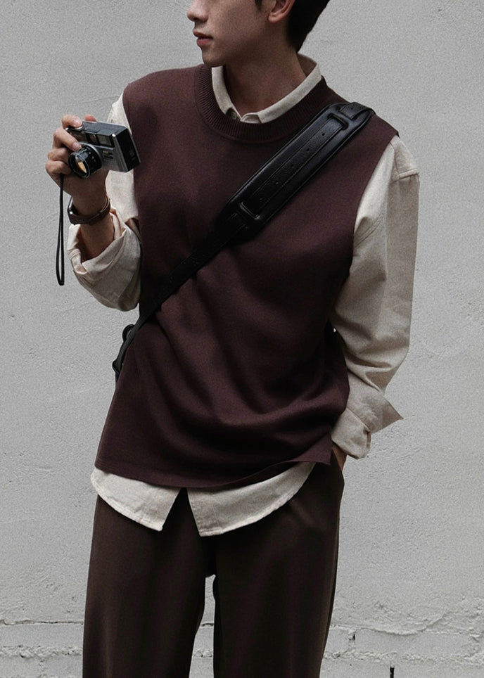 Simple Coffee O Neck Solid Knit Men Waistcoat Sleeveless