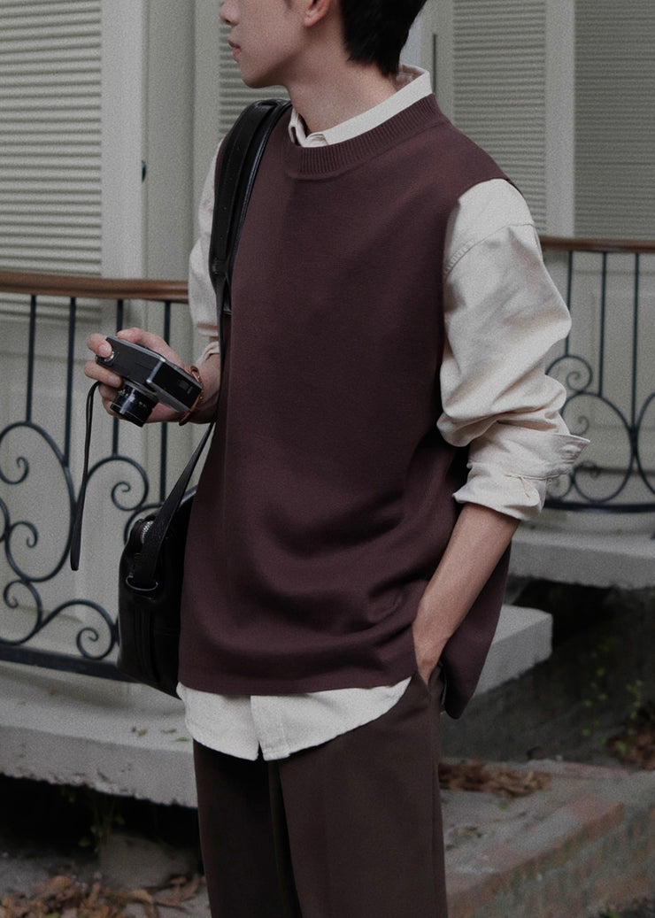 Simple Coffee O Neck Solid Knit Men Waistcoat Sleeveless
