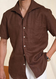 Simple Coffee Peter Pan Collar Button Linen Men's Shirts Summer