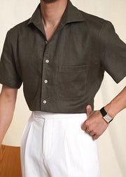 Simple Coffee Peter Pan Collar Button Linen Men's Shirts Summer