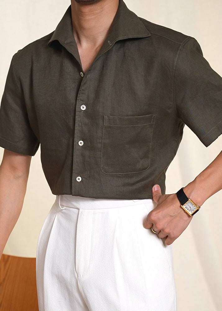 Simple Coffee Peter Pan Collar Button Linen Men&