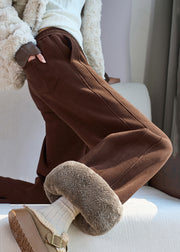 Simple Coffee Pockets Drawstring Warm Fleece Pants Winter