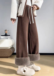 Simple Coffee Pockets Drawstring Warm Fleece Pants Winter