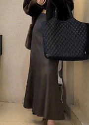 Simple Coffee Solid Elastic Waist Faux Leather Skirt Fall
