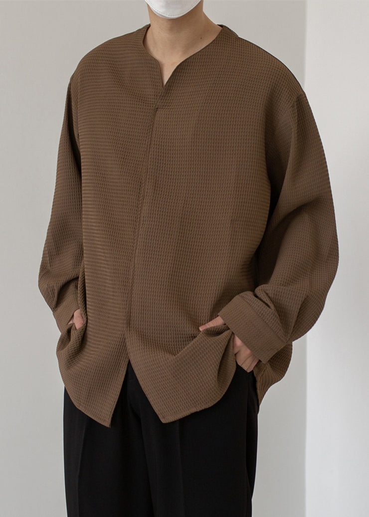 Simple Coffee V Neck Solid Cotton Men Pullover Shirts Spring