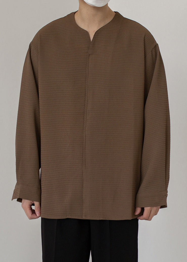 Simple Coffee V Neck Solid Cotton Men Pullover Shirts Spring