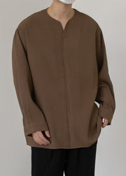 Simple Coffee V Neck Solid Cotton Men Pullover Shirts Spring