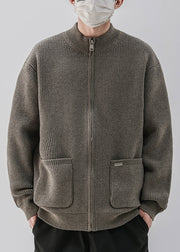 Simple Coffee Zip Up Pockets Knit Mens Coats Spring