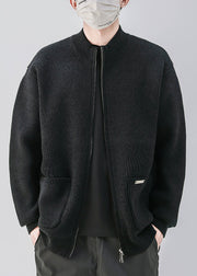 Simple Coffee Zip Up Pockets Knit Mens Coats Spring