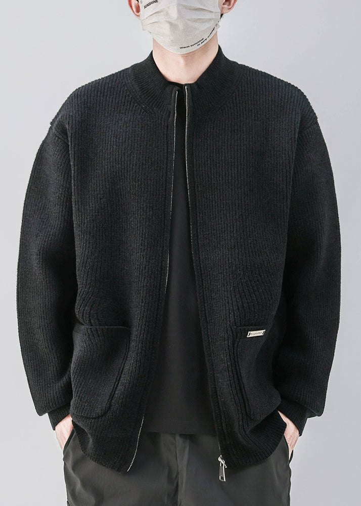Simple Coffee Zip Up Pockets Knit Mens Coats Spring