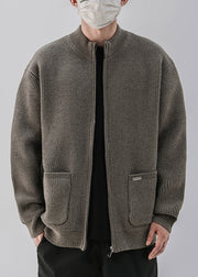 Simple Coffee Zip Up Pockets Knit Mens Coats Spring
