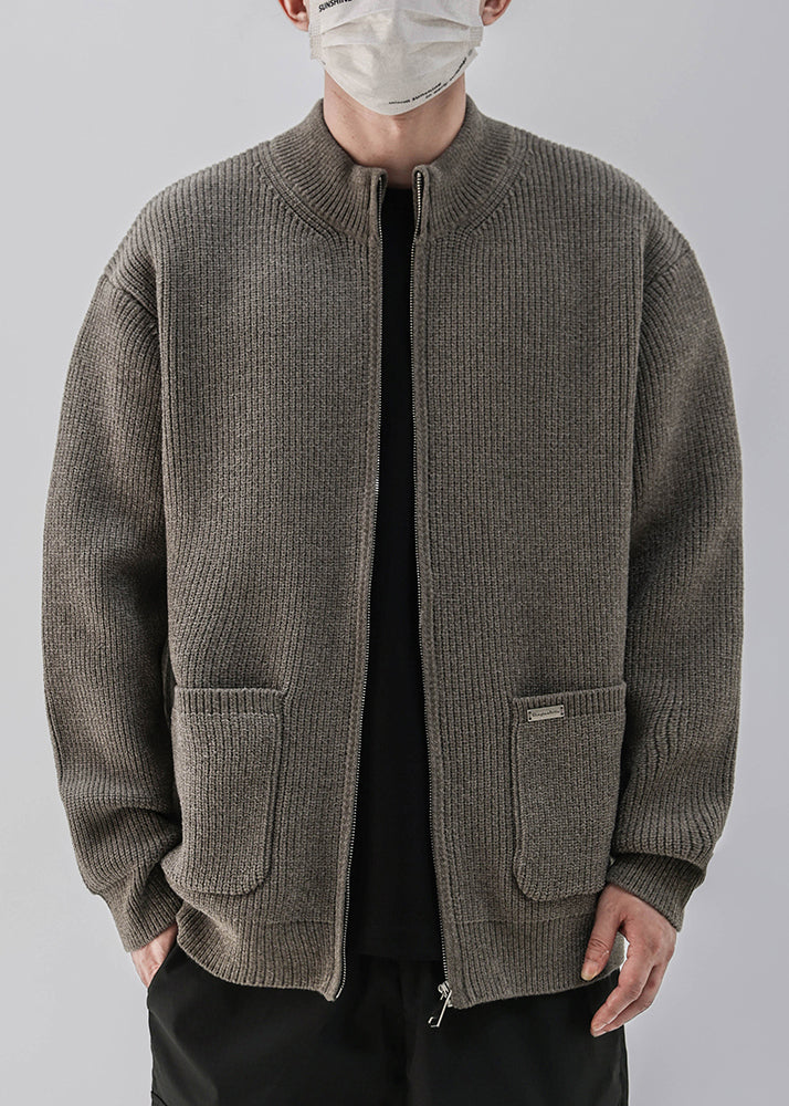 Simple Coffee Zip Up Pockets Knit Mens Coats Spring