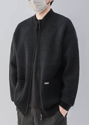 Simple Coffee Zip Up Pockets Knit Mens Coats Spring