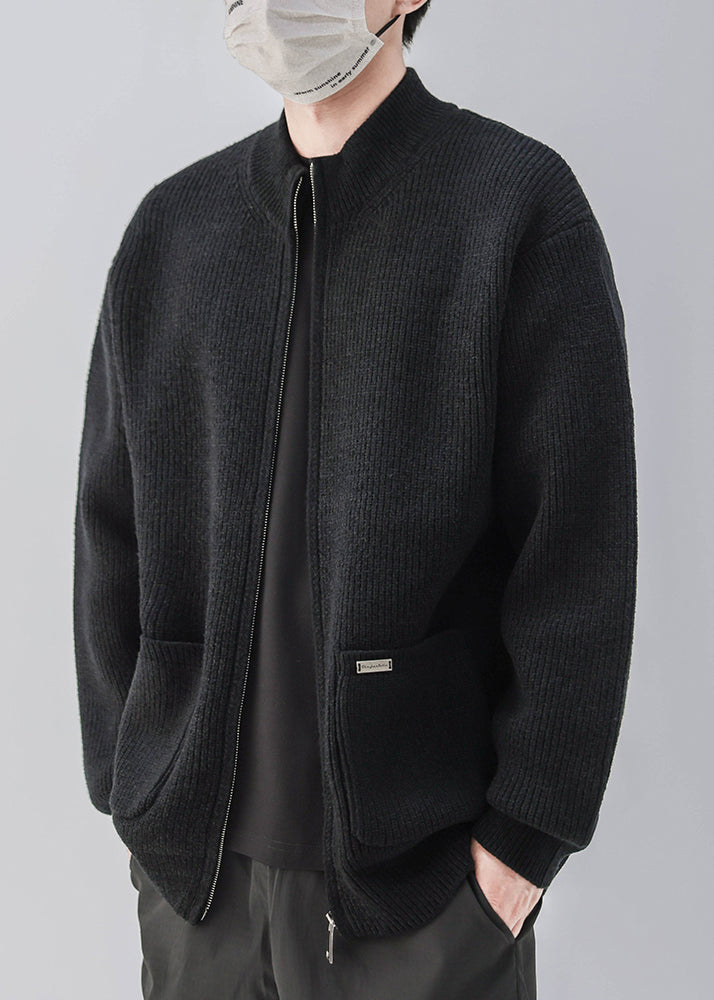 Simple Coffee Zip Up Pockets Knit Mens Coats Spring