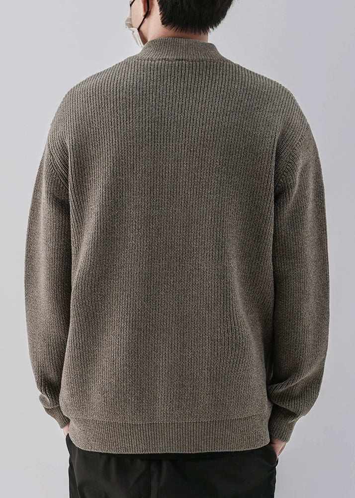 Simple Coffee Zip Up Pockets Knit Mens Coats Spring