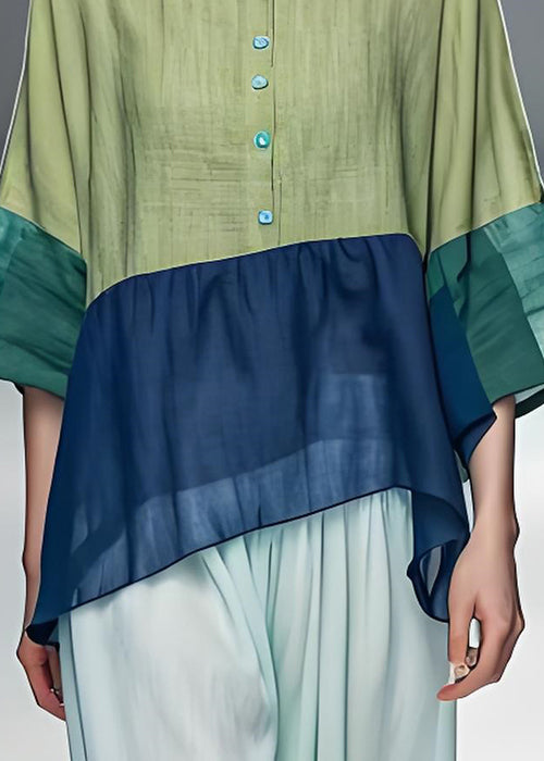 Simple Colorblock O Neck Patchwork Cotton Top Summer – SooLinen