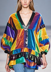 Simple Colorblock Ruffled Patchwork Silk Velour Shirt Tops Spring