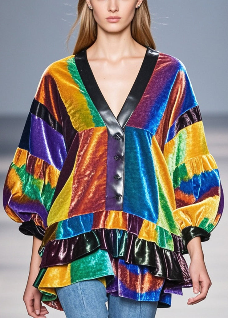 Simple Colorblock Ruffled Patchwork Silk Velour Shirt Tops Spring