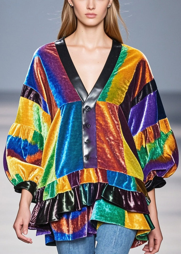 Simple Colorblock Ruffled Patchwork Silk Velour Shirt Tops Spring