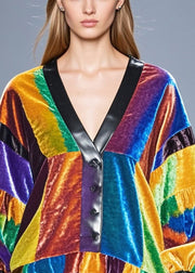 Simple Colorblock Ruffled Patchwork Silk Velour Shirt Tops Spring
