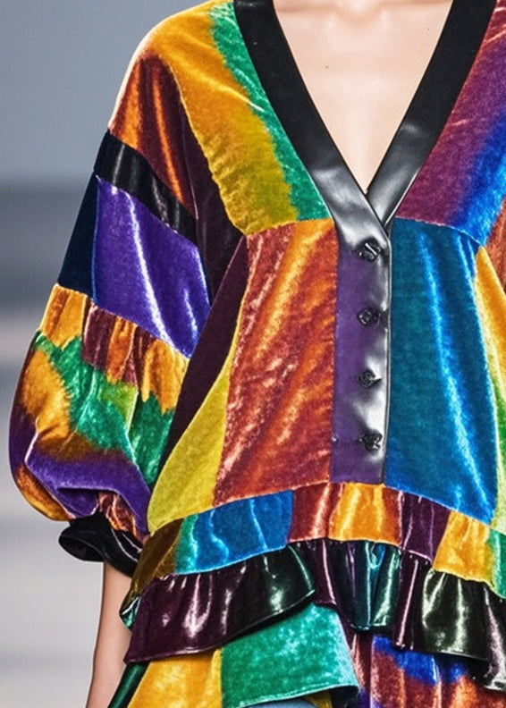Simple Colorblock Ruffled Patchwork Silk Velour Shirt Tops Spring