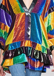 Simple Colorblock Ruffled Patchwork Silk Velour Shirt Tops Spring