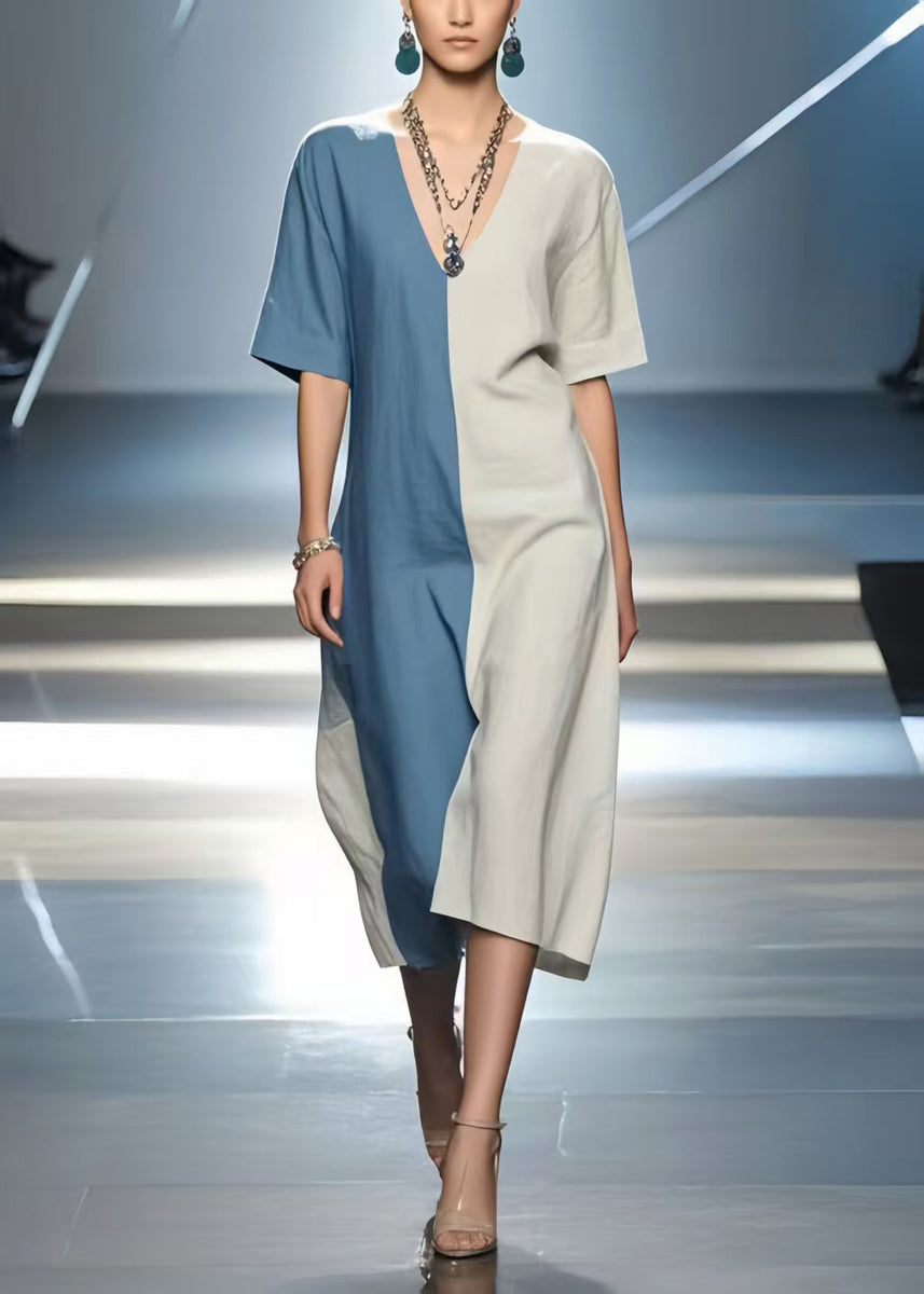 Simple Colorblock V Neck Patchwork Cotton Dress Summer – SooLinen