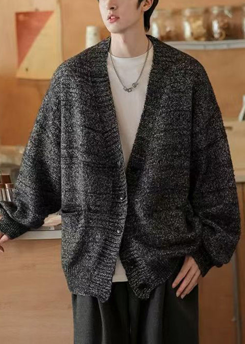 Simple Dark Gray V Neck Pockets Knit Mens Cardigans Spring