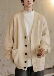 Simple Dark Gray V Neck Pockets Knit Mens Cardigans Spring