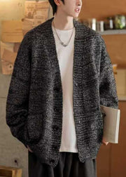 Simple Dark Gray V Neck Pockets Knit Mens Cardigans Spring