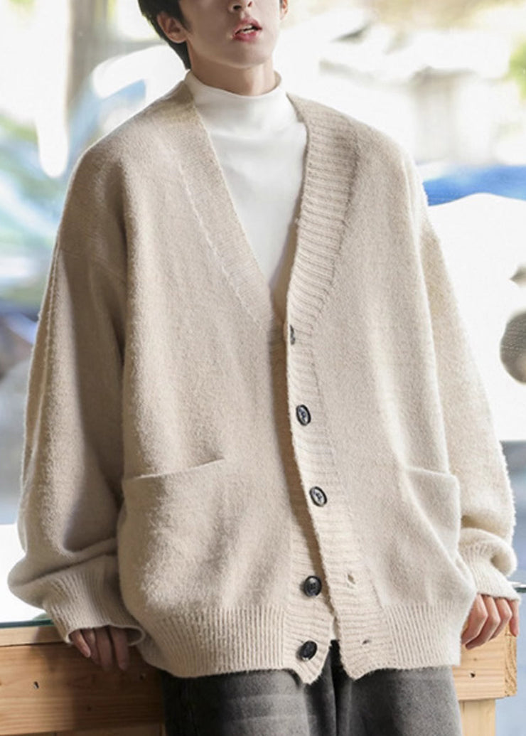 Simple Dark Gray V Neck Pockets Knit Mens Cardigans Spring