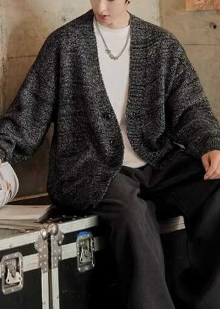 Simple Dark Gray V Neck Pockets Knit Mens Cardigans Spring