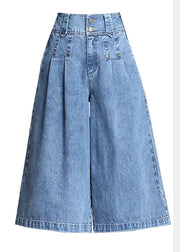 Simple Denim Blue High Waist Wide Leg Crop Pants Trousers Summer