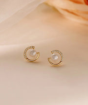 Simple Gold Copper Pearl Zircon Stud Earrings