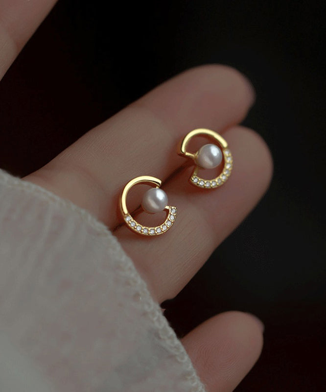 Simple Gold Copper Pearl Zircon Stud Earrings