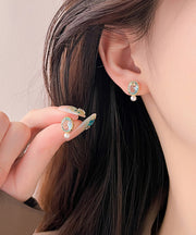 Simple Gold Sterling Silver Overgild Pearl Zircon Stud Earrings