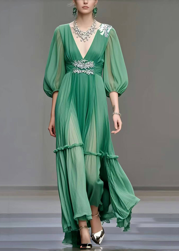 Simple Green Cinched Exra Large Hem Chiffon Dress Bracelet Sleeve