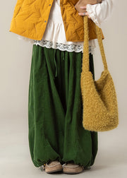 Simple Green Drawstring Elastic Waist Cotton Wide Leg Pants Fall