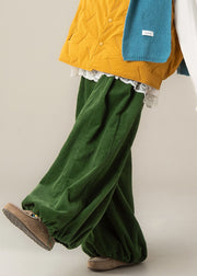 Simple Green Drawstring Elastic Waist Cotton Wide Leg Pants Fall