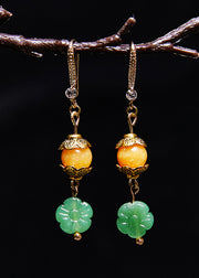 Simple Green Lotus Flower Jade Connect Beeswax Drop Earrings