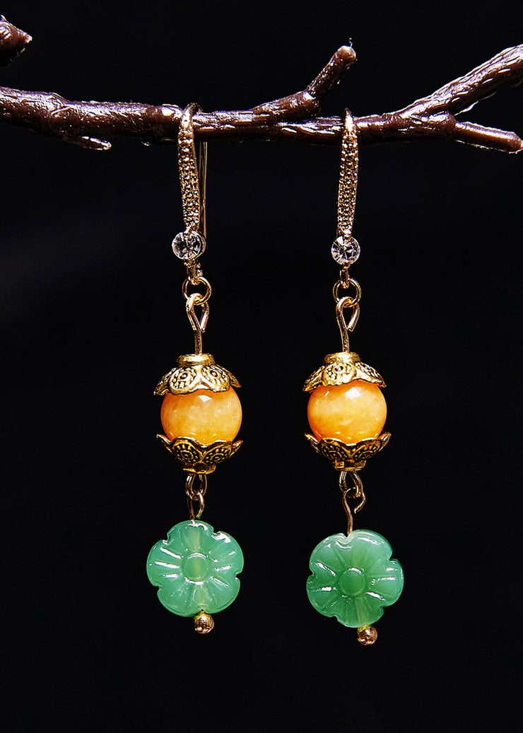 Simple Green Lotus Flower Jade Connect Beeswax Drop Earrings