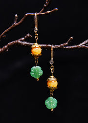 Simple Green Lotus Flower Jade Connect Beeswax Drop Earrings