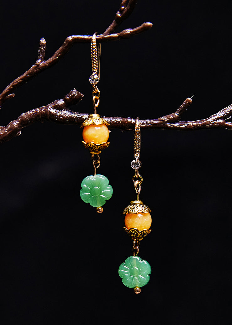 Simple Green Lotus Flower Jade Connect Beeswax Drop Earrings
