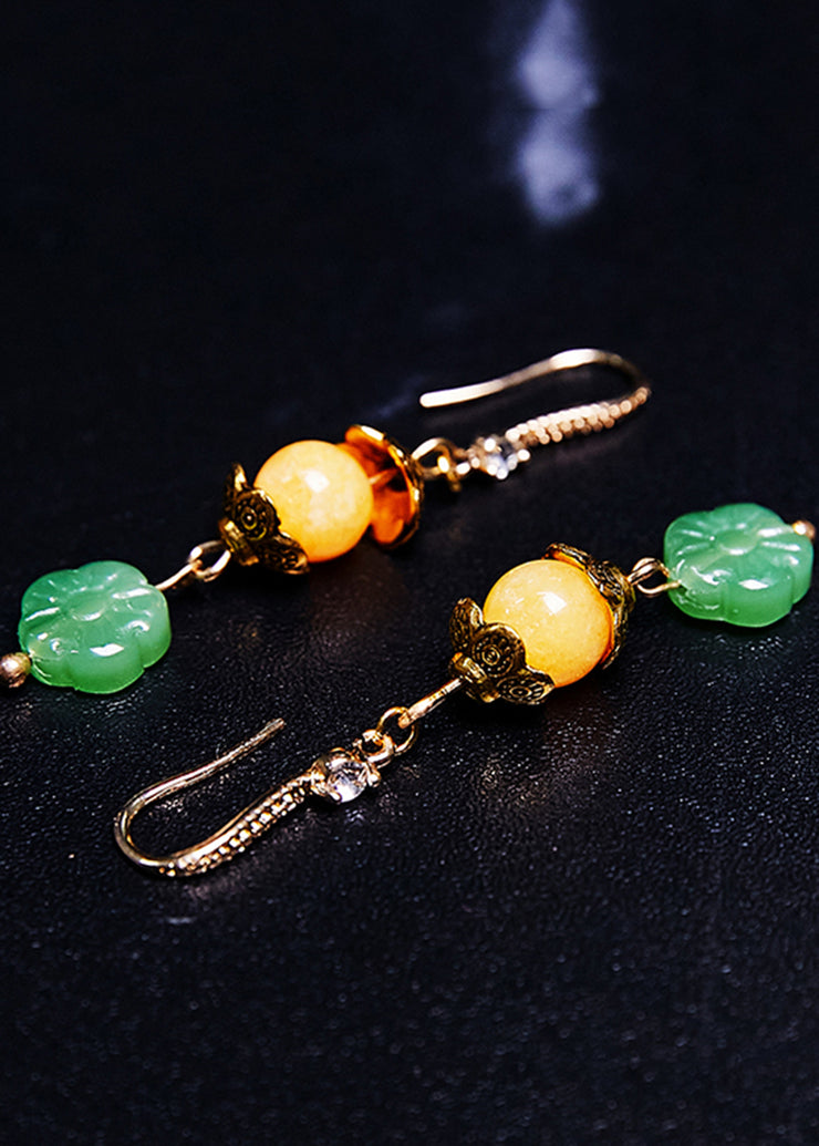 Simple Green Lotus Flower Jade Connect Beeswax Drop Earrings