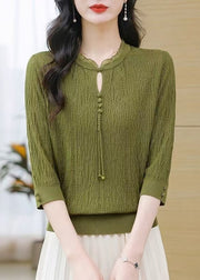 Simple Green O-Neck Button Knit T Shirt Bracelet Sleeve
