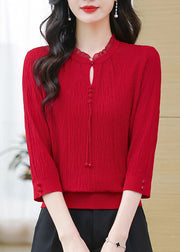 Simple Green O-Neck Button Knit T Shirt Bracelet Sleeve