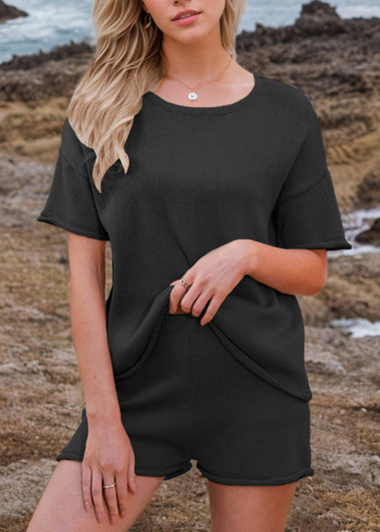 Simple Green O Neck Knit Women Sets 2 Pieces Summer