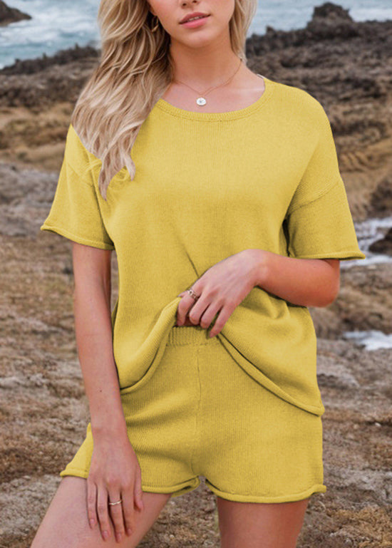 Simple Green O Neck Knit Women Sets 2 Pieces Summer